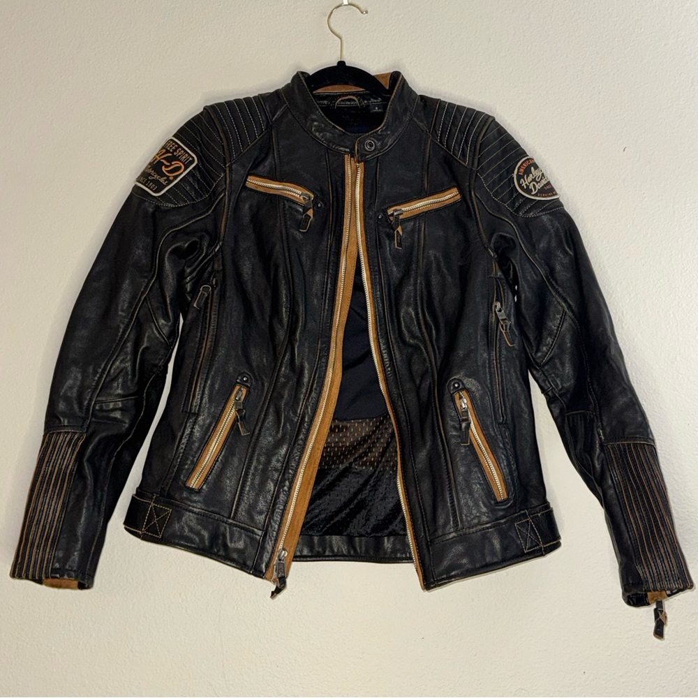 Harley Davidson Black Leather Motorcycle Jacket with Tan Trim